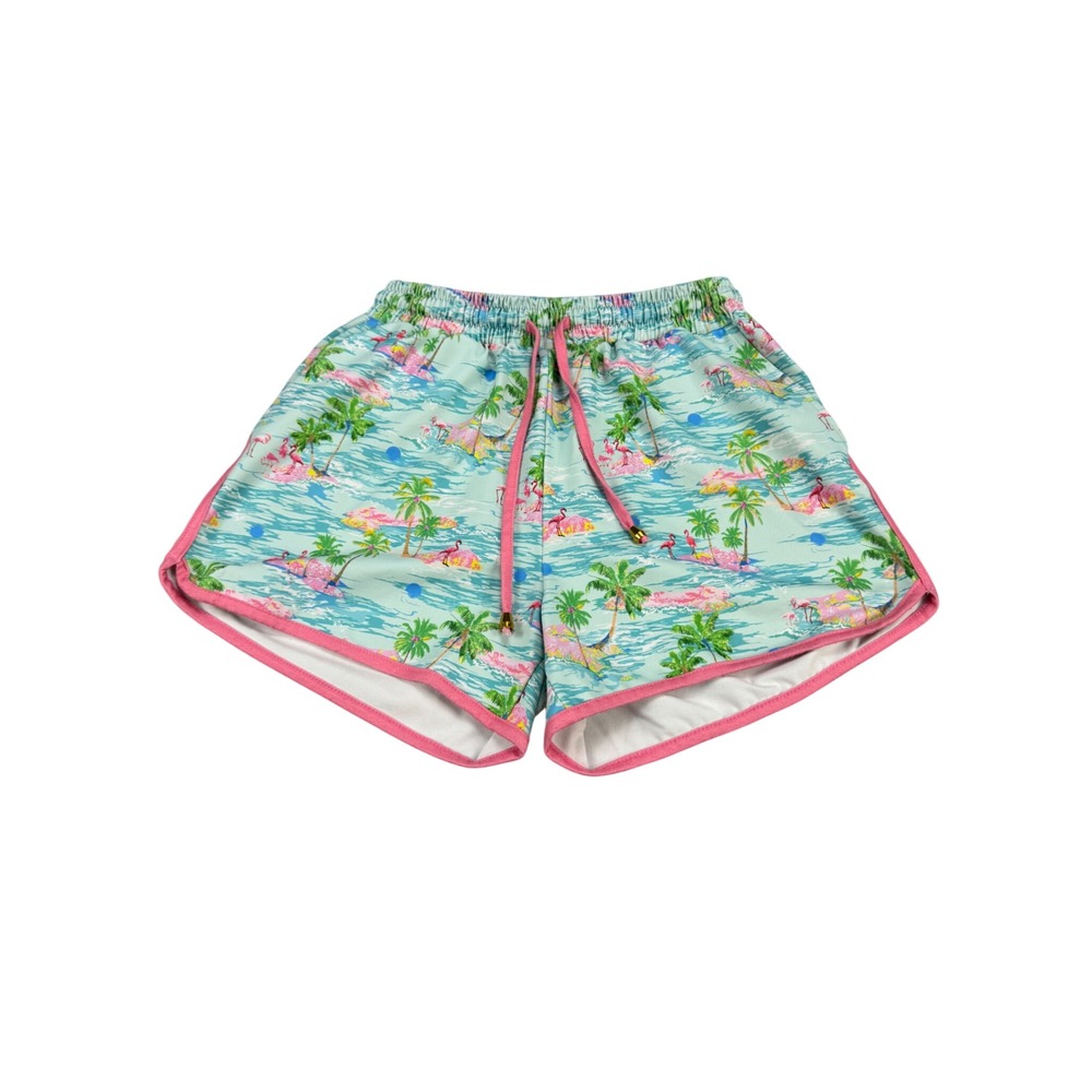 Jess Lea Tropical Flamingo Palm Tree Print Active Shorts Blue Pink Medium